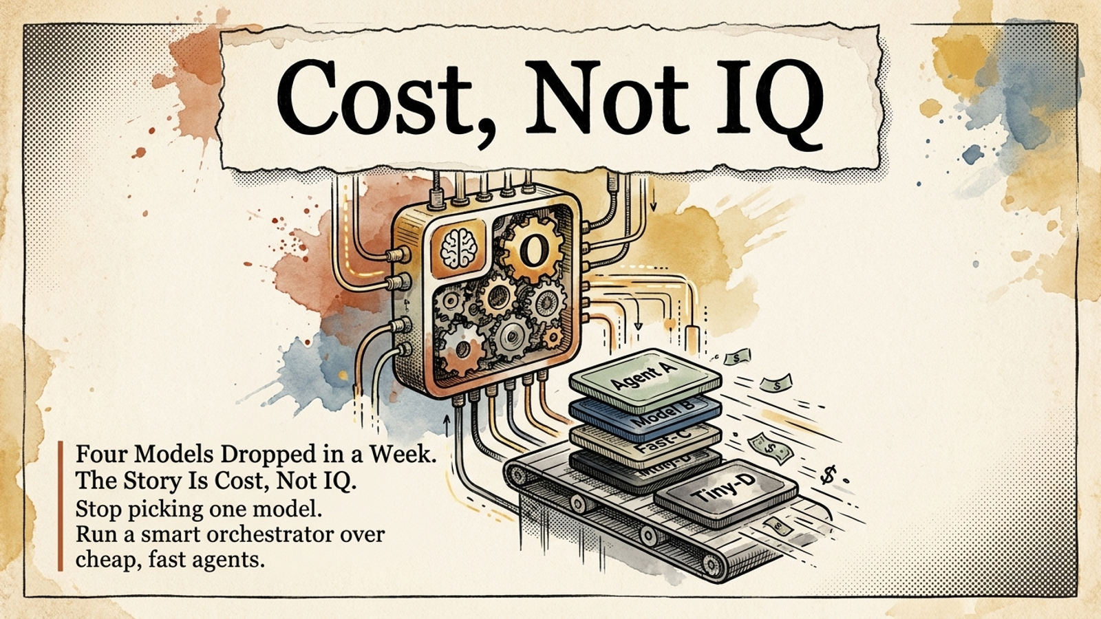 Editorial banner reading 'Cost, Not IQ' above an illustration of one orchestrator model feeding several smaller, faster agent tiles.