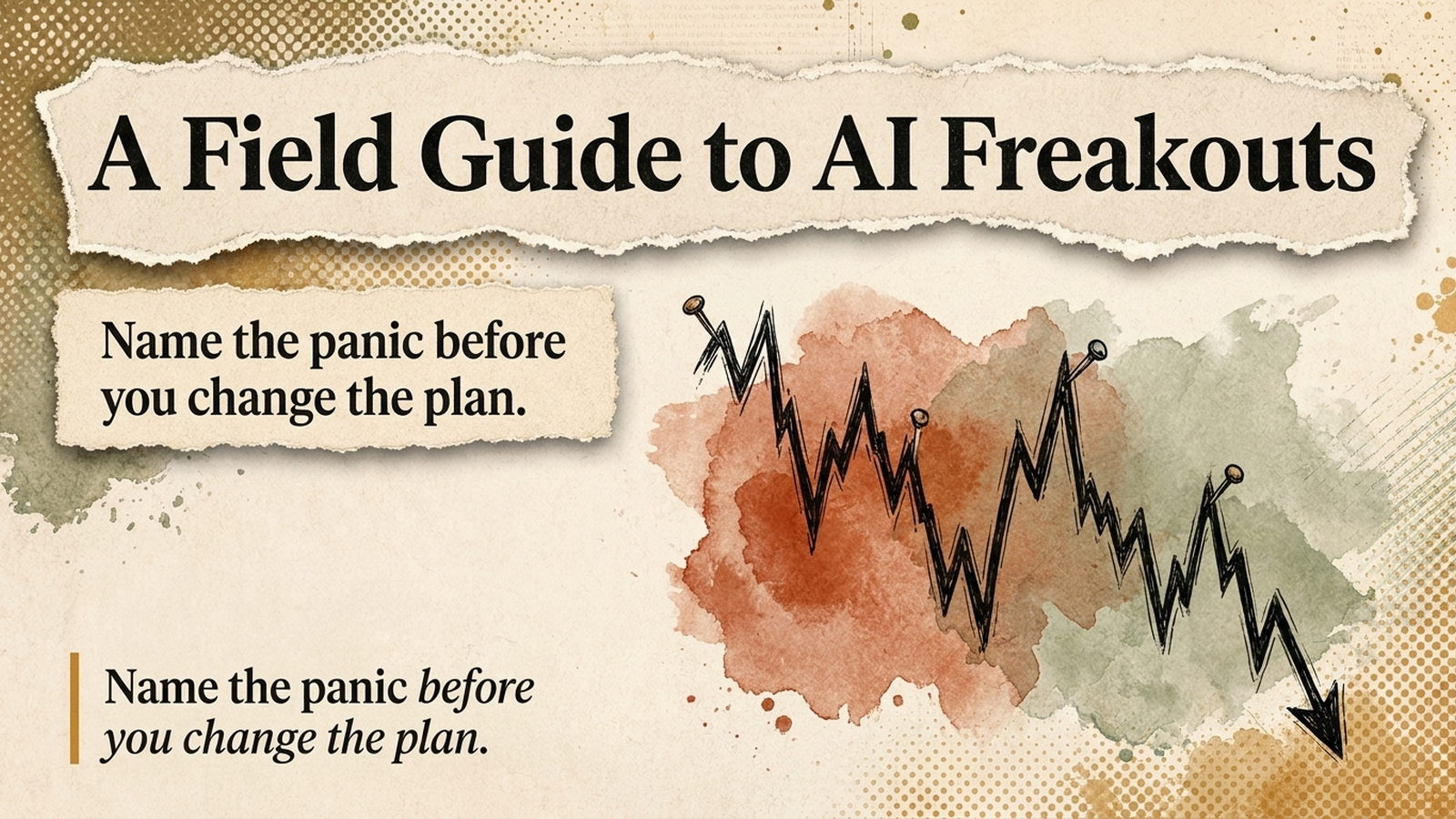 Editorial banner: a field-guide plate labelling recurring AI market panics — A Field Guide to AI Freakouts.