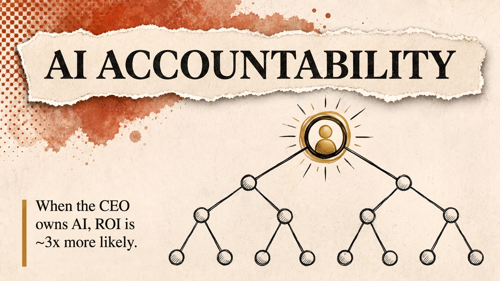 Editorial banner for AI Accountability: a hand-inked org chart with the single top node illuminated in gold.