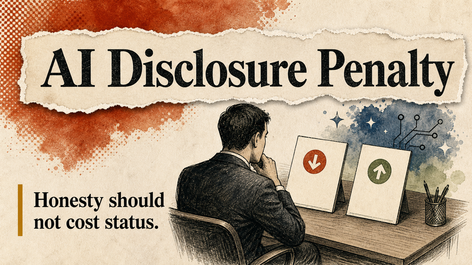 AI Disclosure Penalty banner showing a manager comparing identical work with different status signals.