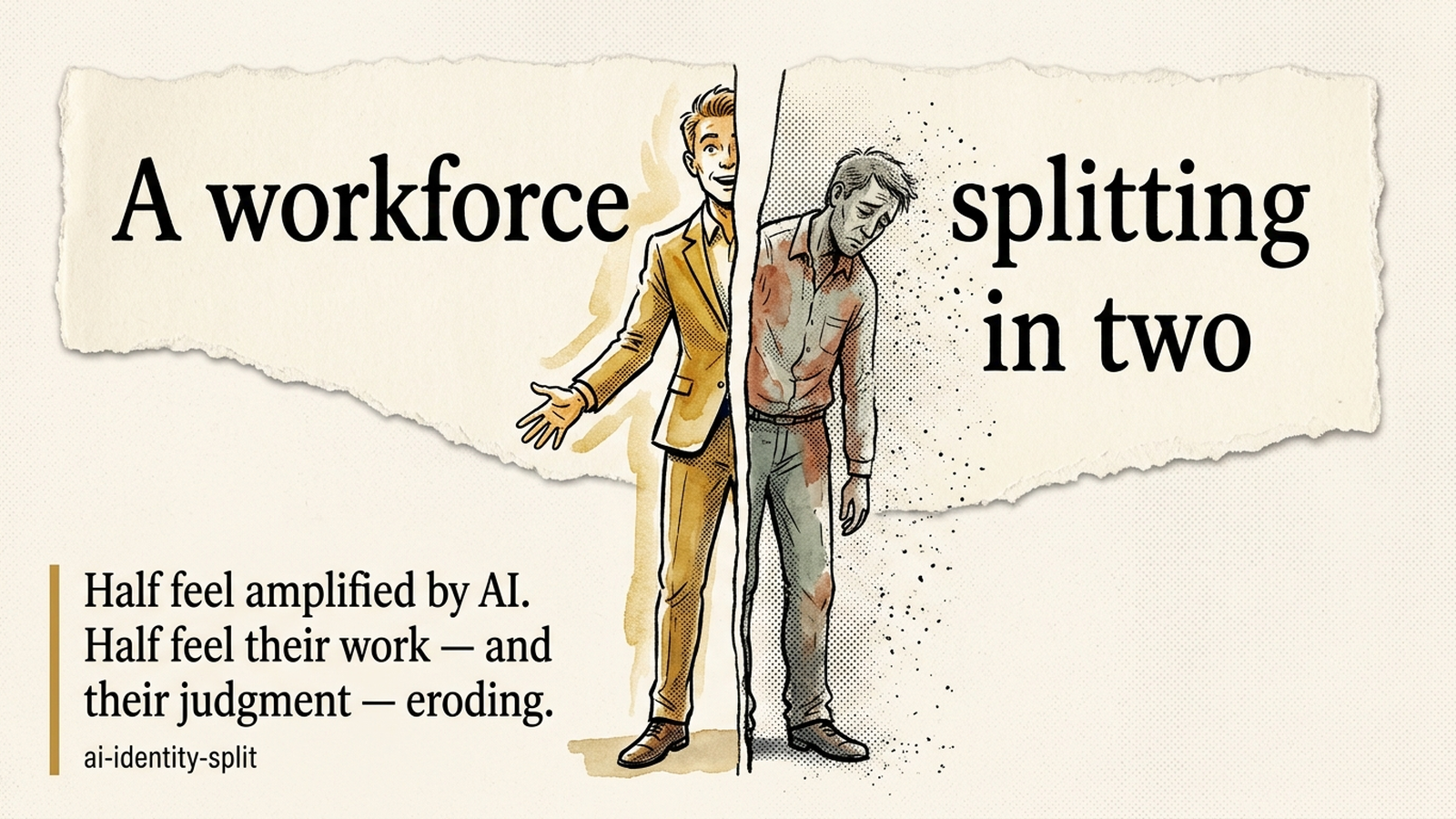 Editorial banner: a single figure torn down the middle — one half glowing and upright, the other half slumped and fading — over torn cream paper reading 'A workforce splitting in two.'