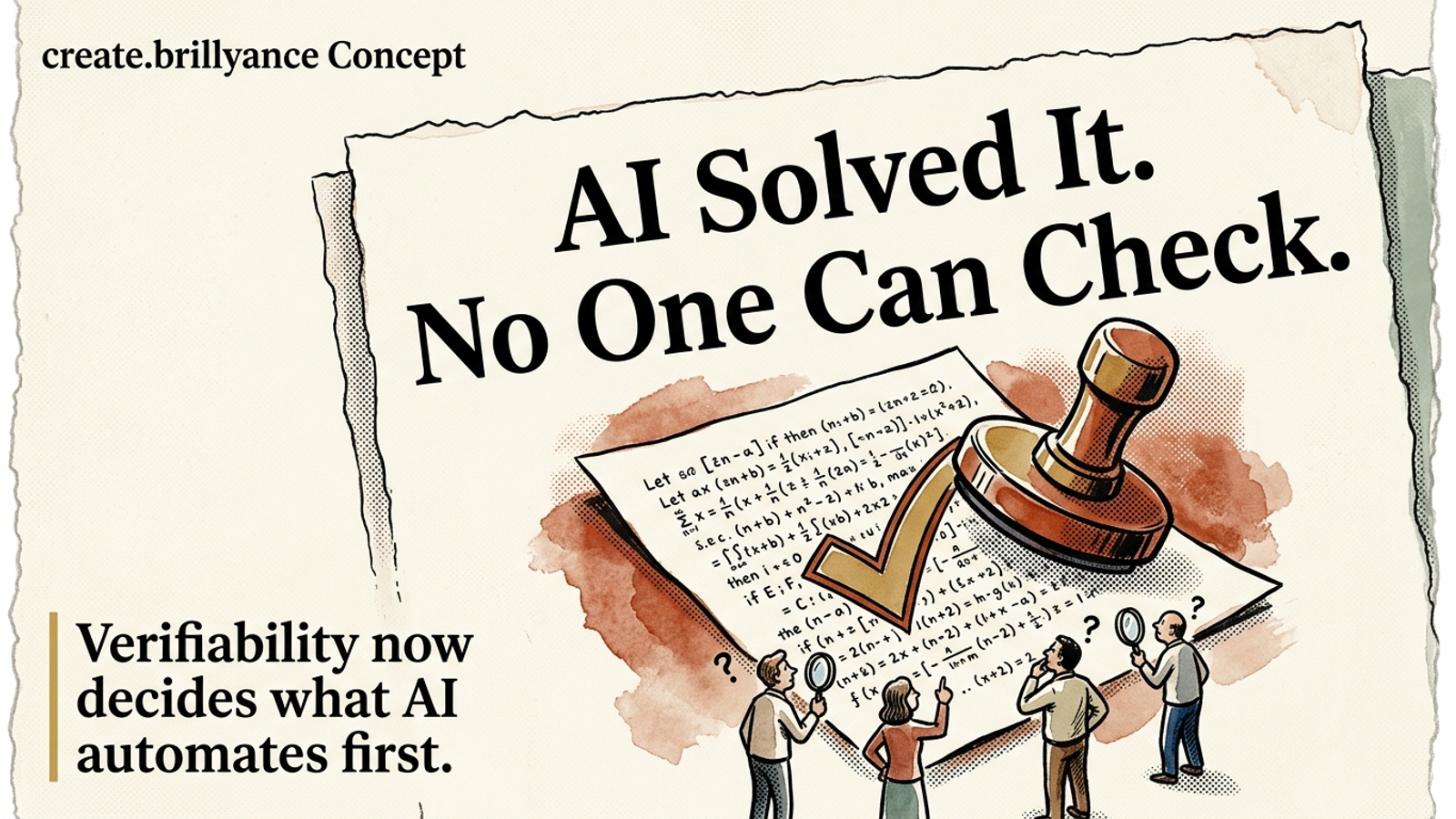 Editorial banner: a machine checkmark stamps a dense math proof while puzzled human figures peer up at it — 'AI Solved It. No One Can Check.'