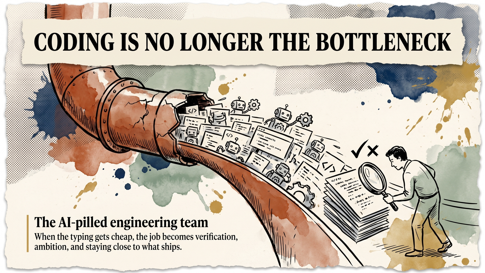 Editorial torn-paper banner reading: Coding is no longer the bottleneck — the AI-pilled engineering team, where the job becomes verification, ambition, and staying close to what ships.