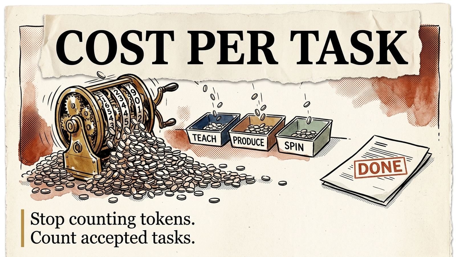 Editorial banner: a brass counter spills identical coins labeled as tokens into TEACH, PRODUCE, and SPIN bins beside a task stamped DONE — headline 'Cost Per Task.'
