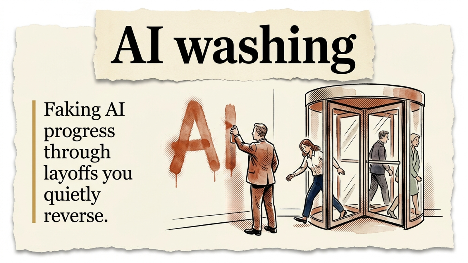 Editorial banner: a corporate figure spray-paints the letters A I on a wall while a revolving door spins employees out and back in.
