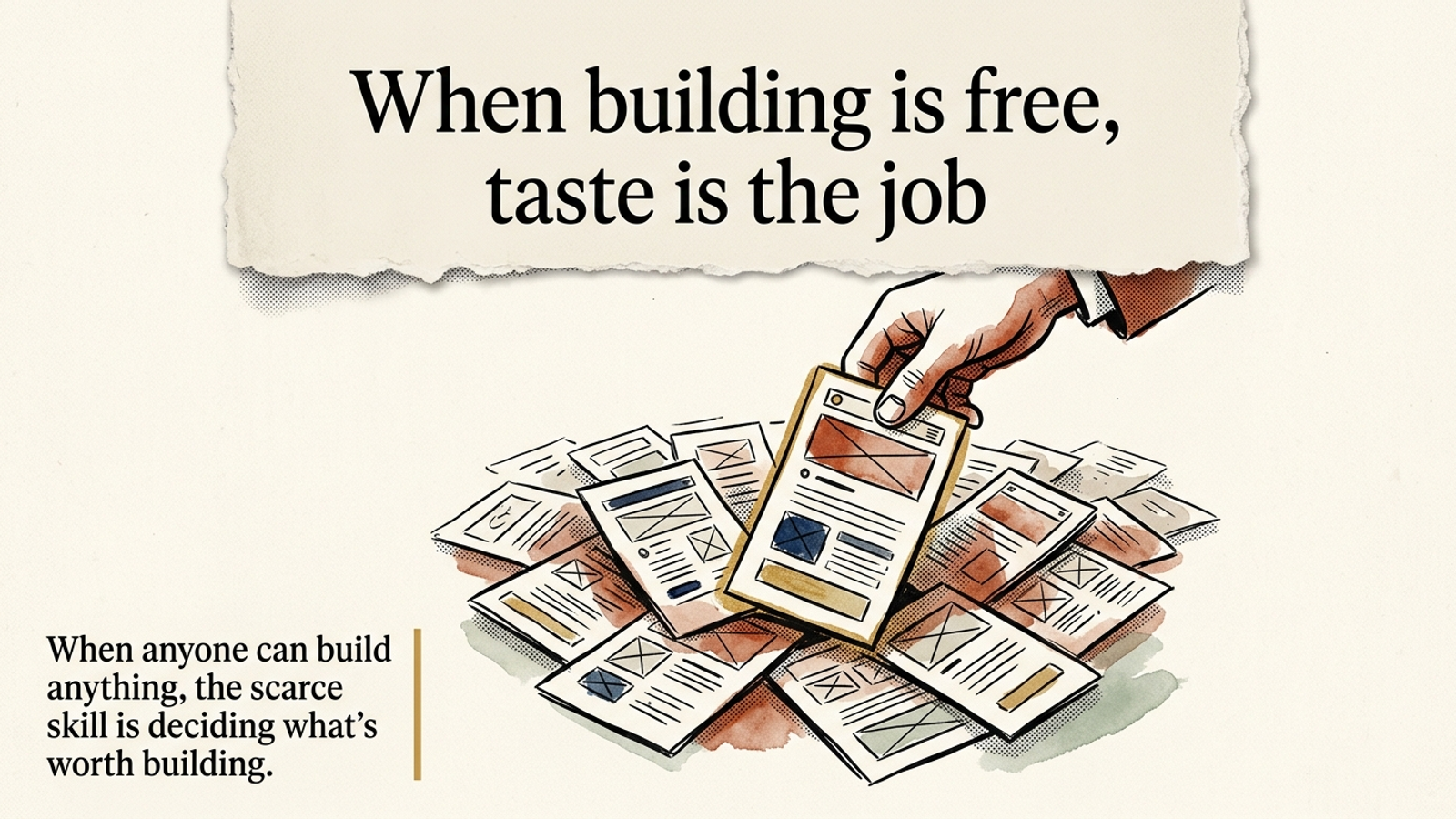 Editorial banner: a hand lifting one prototype screen from a fanned pile of near-identical sketches, with the headline 'When building is free, taste is the job.'