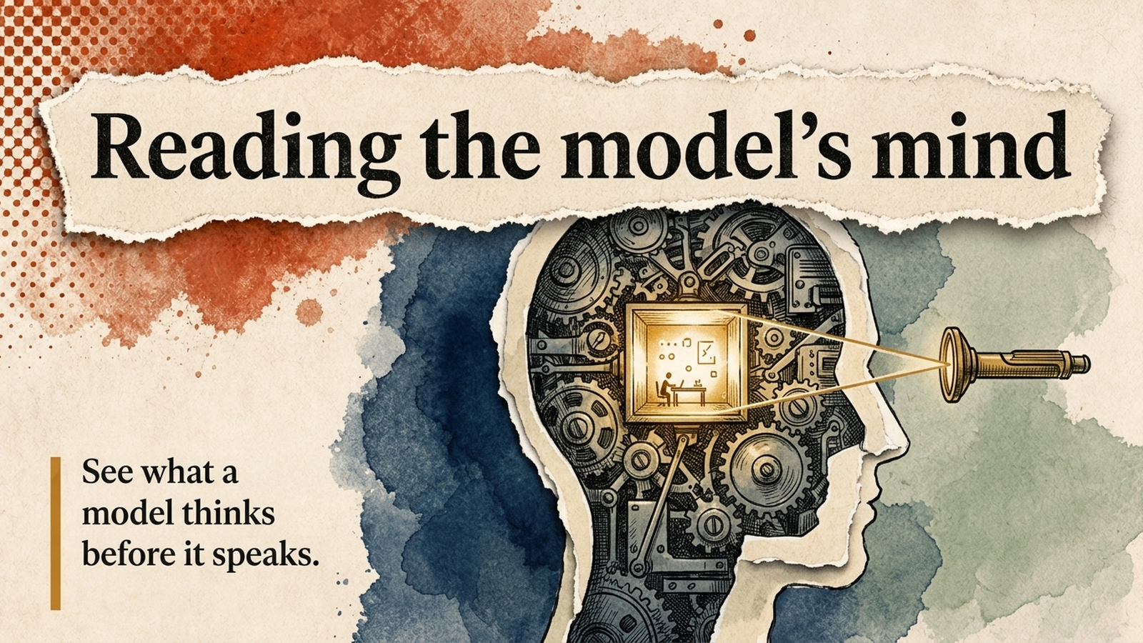 Editorial illustration of a mechanical head with a lit inner chamber being read by a lens, under the headline 'Reading the model's mind.'