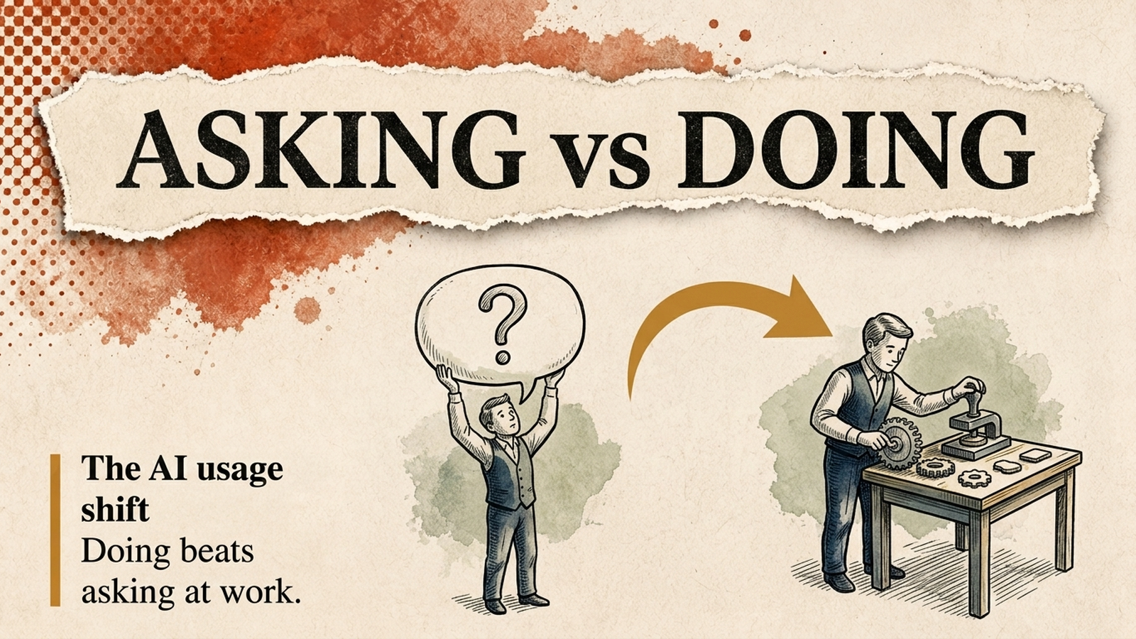 Editorial banner: a figure holds a question-mark speech bubble on the left, a gold arrow sweeps right to a figure producing gears at a workbench, under the words Asking vs Doing.