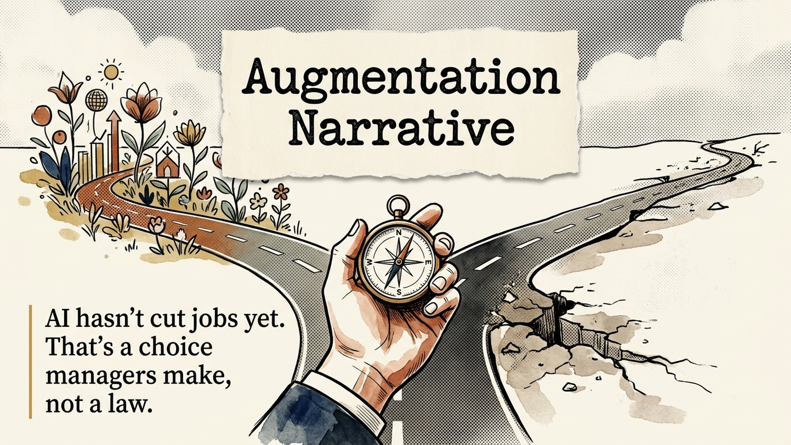 Editorial banner for The Augmentation Narrative: a road forking into a growing path and a shrinking path.