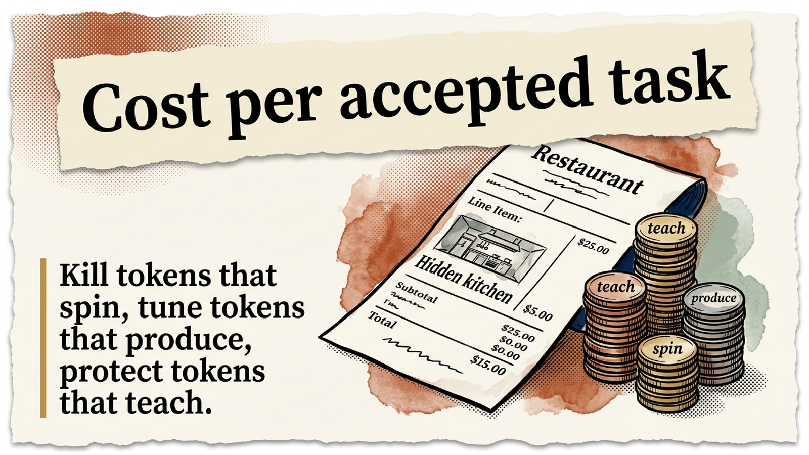 Editorial banner: a restaurant bill with a hidden-kitchen line item beside coin stacks labelled teach, produce, and spin.