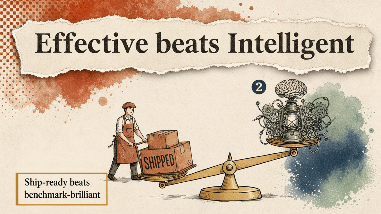 Editorial banner: a balance scale tips toward a worker shipping boxes, away from an over-engineered machine — Effective beats Intelligent.