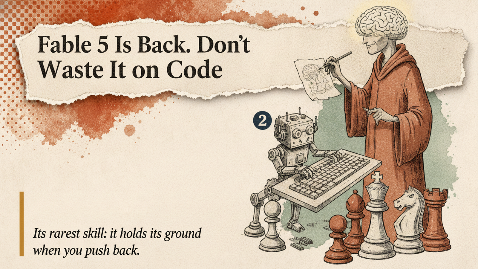 Editorial banner: an adviser figure sketching a plan while a robot works a chessboard, headline 'Fable 5 Is Back. Don't Waste It on Code.'