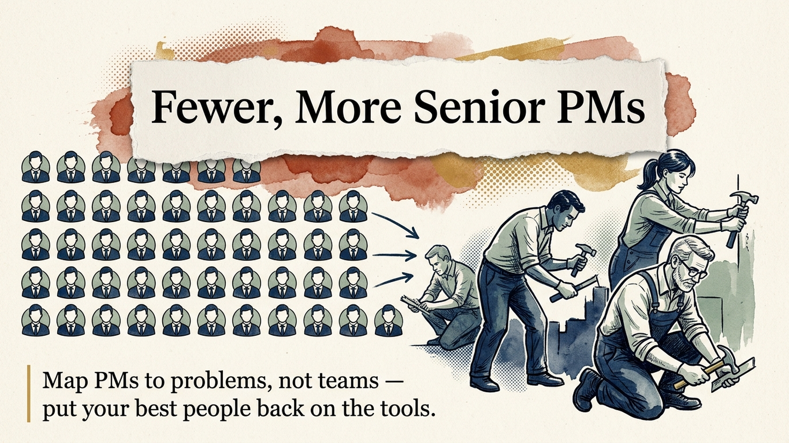 Editorial banner for Fewer, More Senior PMs: a dense grid of manager icons on the left thinning into a few large hands-on operator icons on the right.