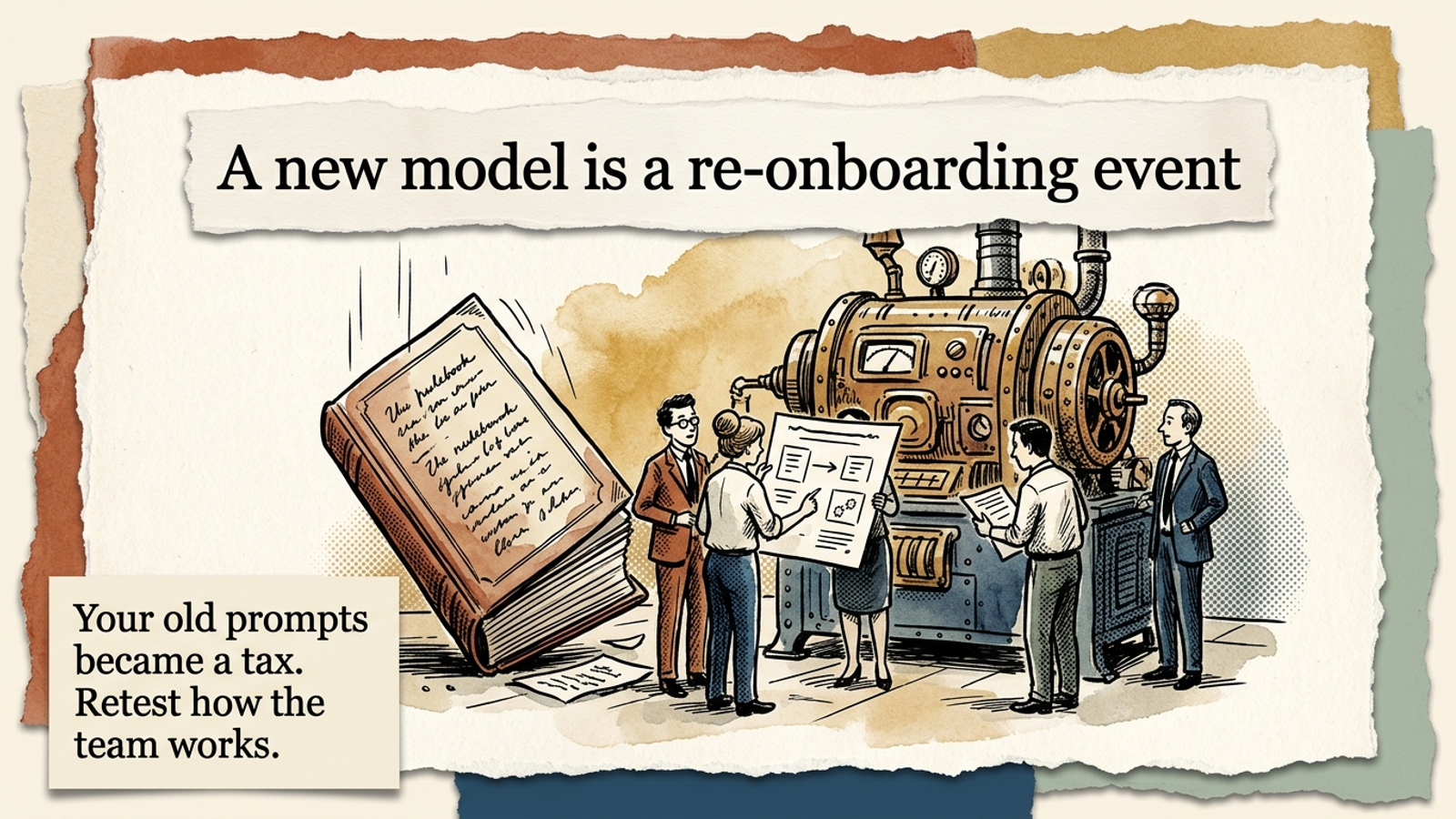 Editorial banner: a team of ink figures re-learning a large new machine under the headline a new model is a re-onboarding event.