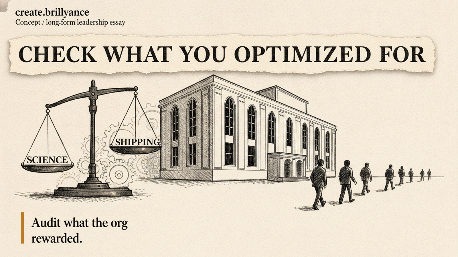 Editorial illustration of a balance scale weighing science against shipping while figures walk away from an institution, under the headline Check What You Optimized For.