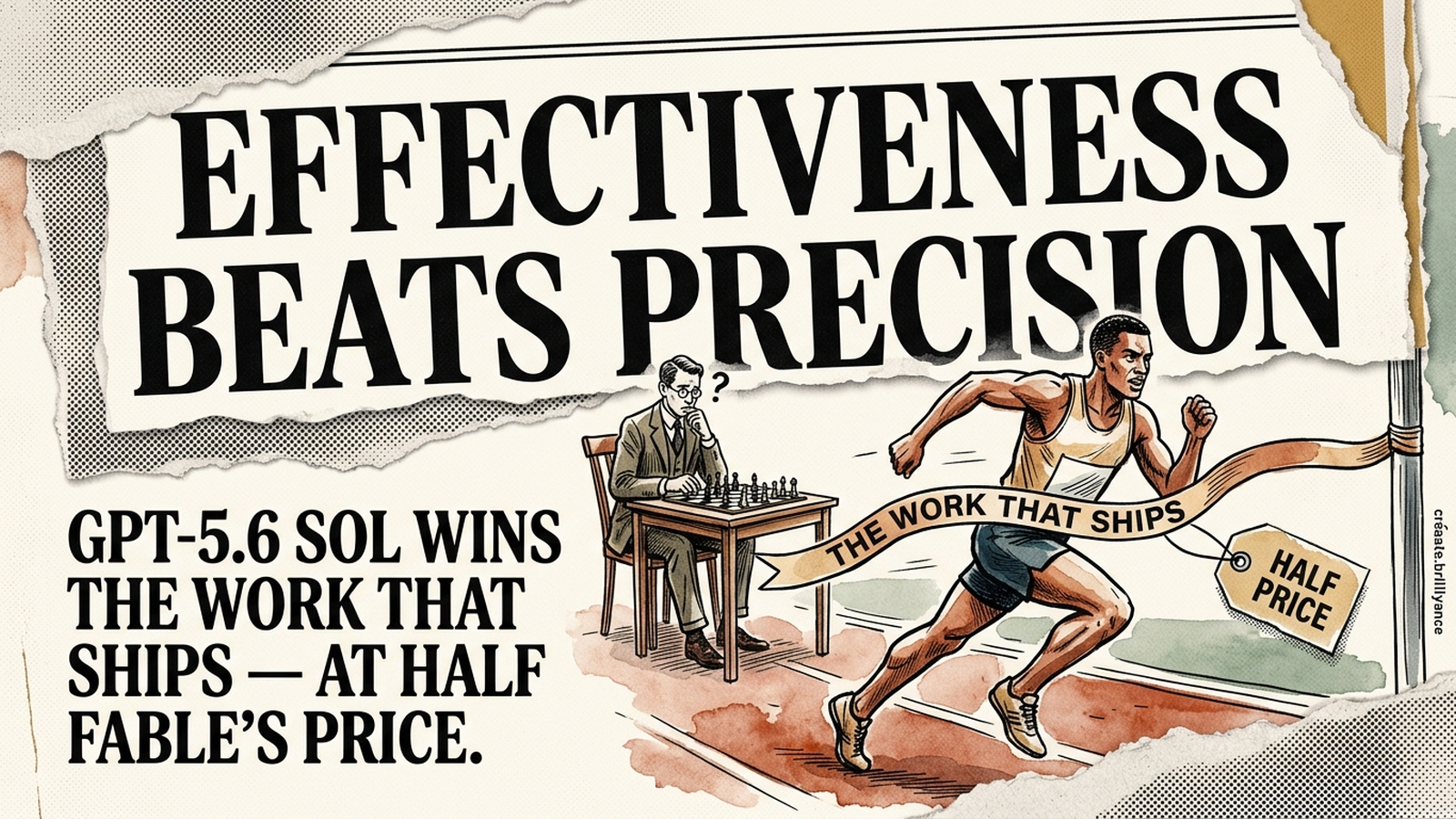 Editorial banner: a sprinter breaking a finish-line ribbon while a chess player still studies the board, with a half-price tag, under the headline Effectiveness Beats Precision.