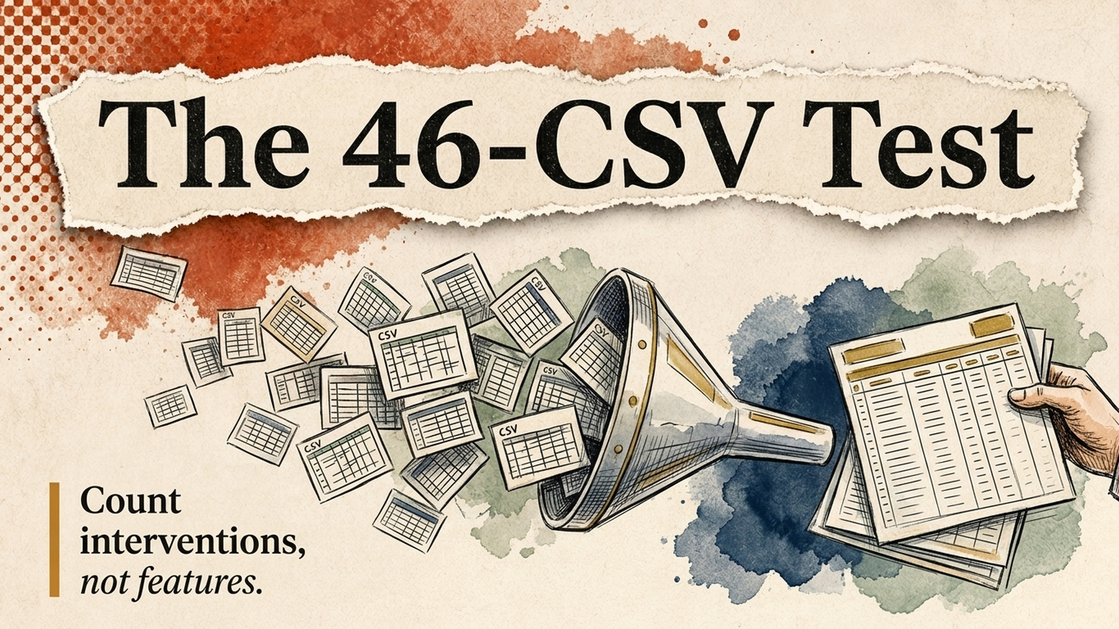 Editorial banner for The 46-CSV Test: judging an AI model on agentic judgment, not benchmarks.