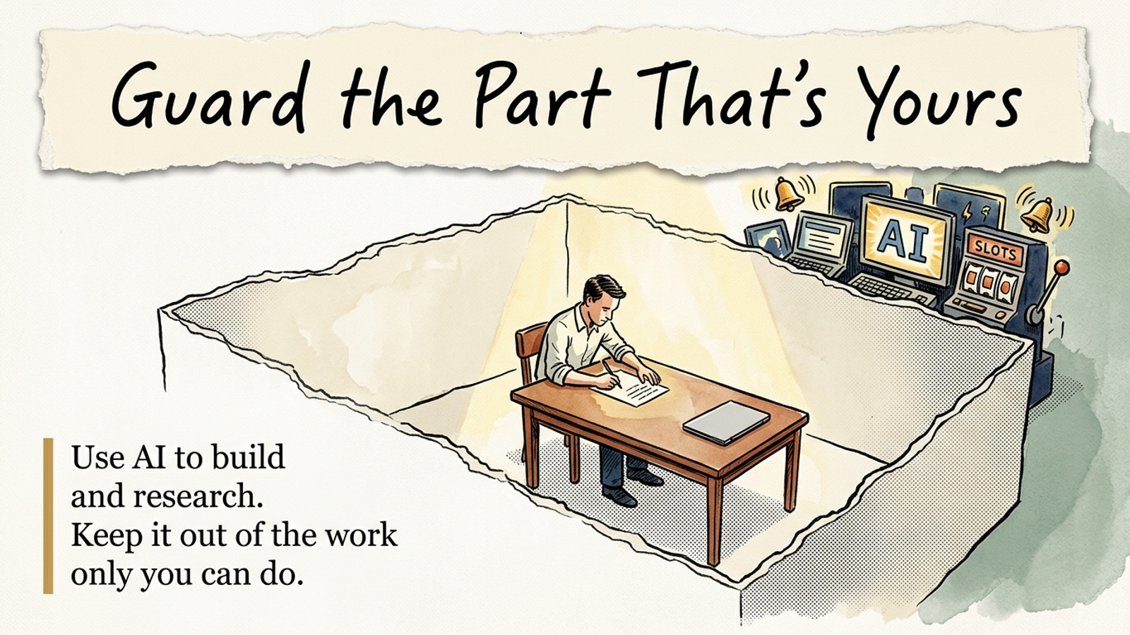 Editorial banner: a writer at a calm desk with pen and paper, walled off from a bank of glowing AI screens and slot-machine levers, under the headline Guard the Part That's Yours.