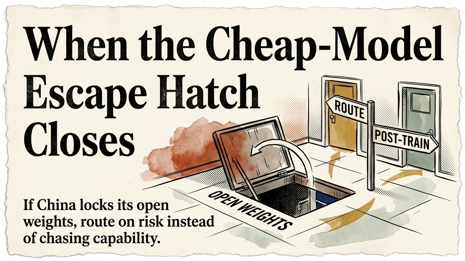 Editorial banner: a trap-door escape hatch labeled Open Weights swinging shut in a floor, with signposts pointing to alternate doors labeled Route and Post-Train, under the headline When the Cheap-Model Escape Hatch Closes.