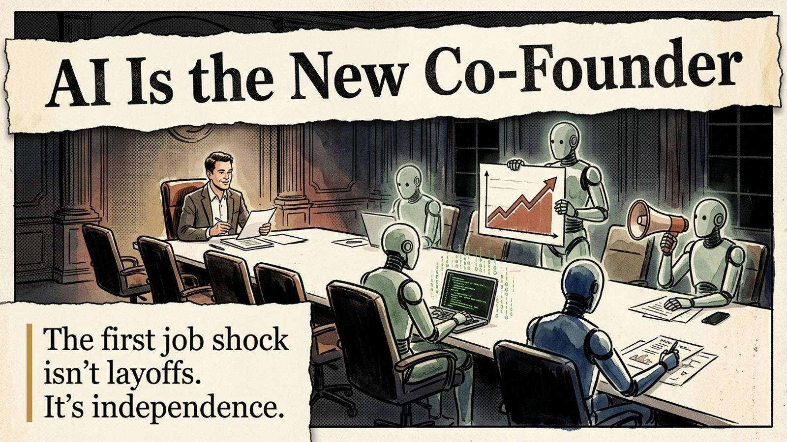 Editorial banner: a lone human founder at a boardroom table filled with translucent AI robots doing the co-founder jobs, under the headline AI Is the New Co-Founder.
