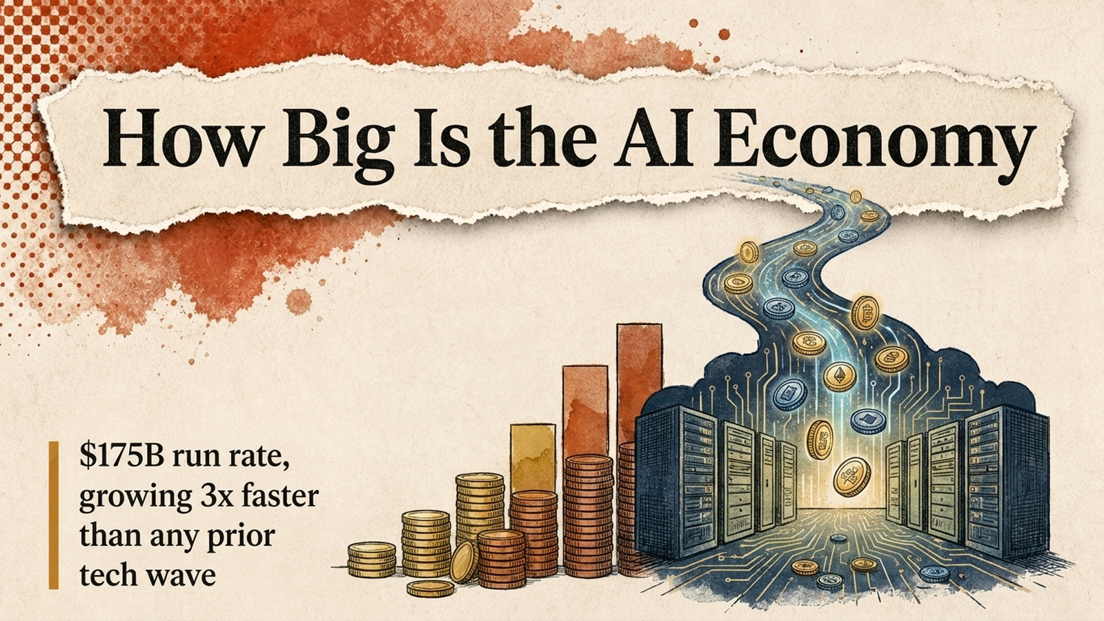 Editorial torn-paper banner: a rising bar chart and stacked coins feeding a data-center silhouette and token stream, titled How Big Is the AI Economy.