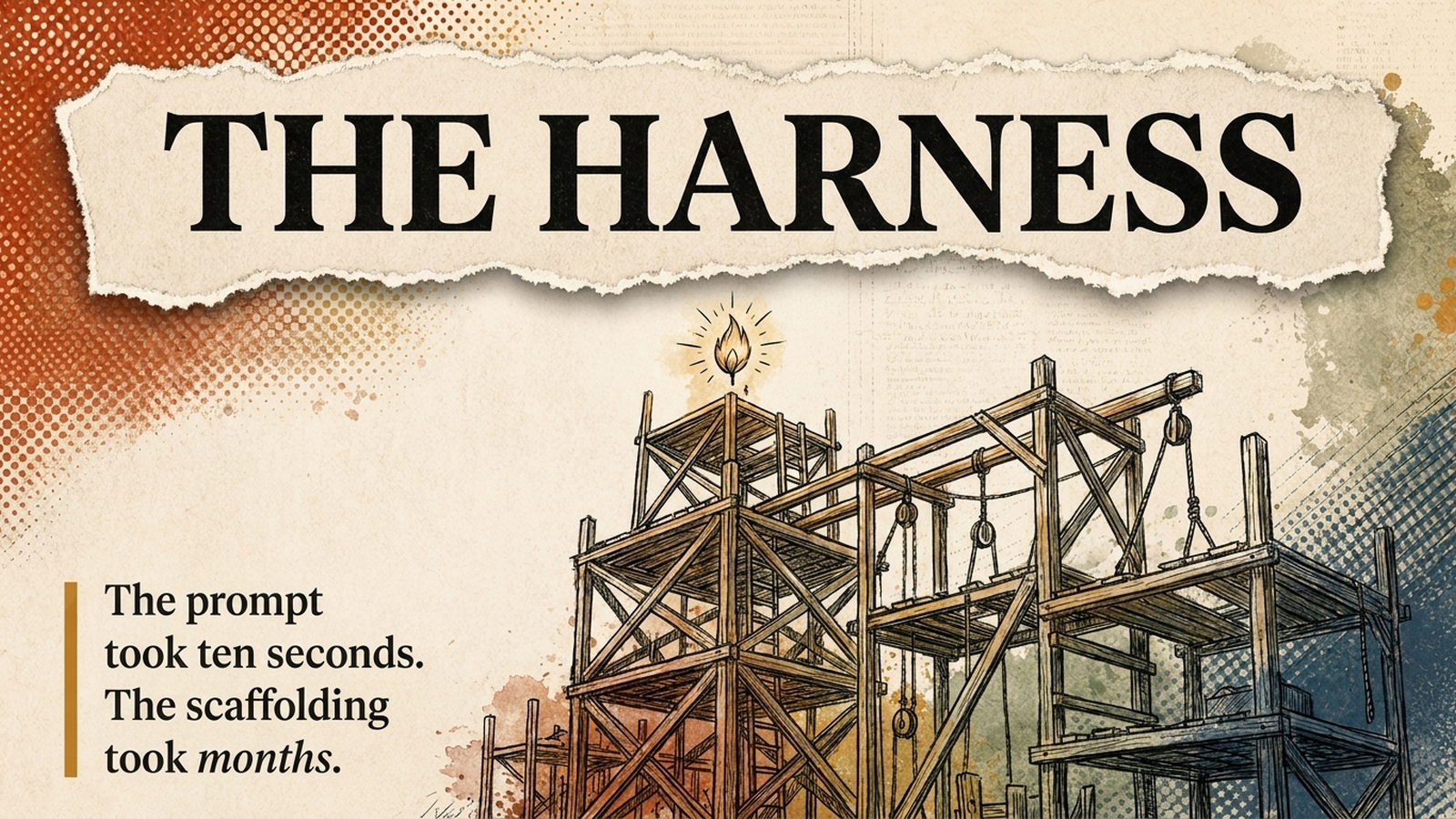 Editorial banner: the harness — a small spark resting atop a large, patiently built wooden scaffold.