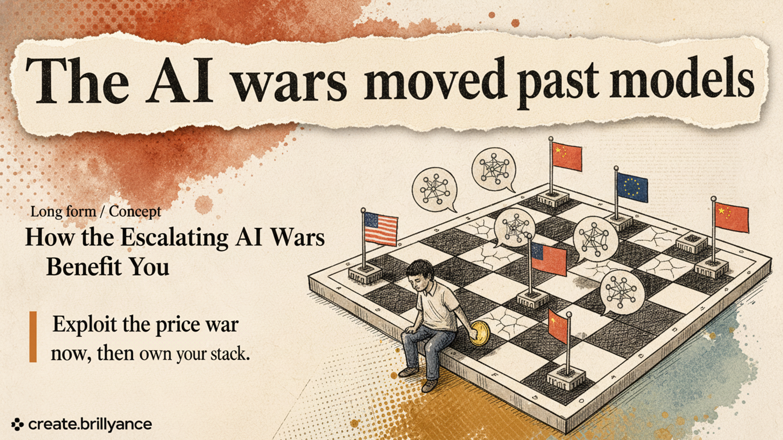 Editorial banner: 'The AI wars moved past models' over a chessboard of chips, model bubbles, and national flags, with a figure quietly pocketing a coin.