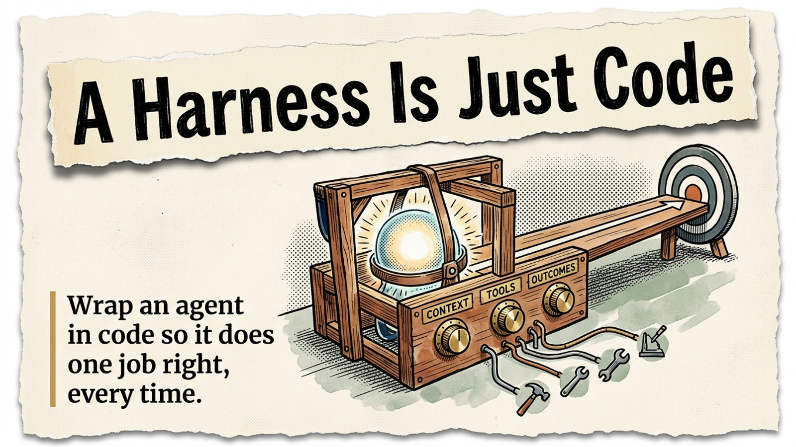 Editorial banner: a glowing AI agent held in a wooden harness scaffold with dials labeled Context, Tools, Outcomes, aimed at a bullseye, under the headline A Harness Is Just Code.