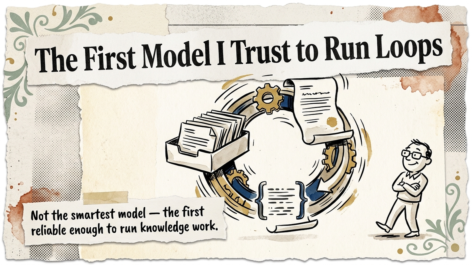 Editorial banner: a self-turning flywheel of knowledge-work icons — inbox, document, code bracket — spinning while a person steps back to watch, under the headline The First Model I Trust to Run Loops.