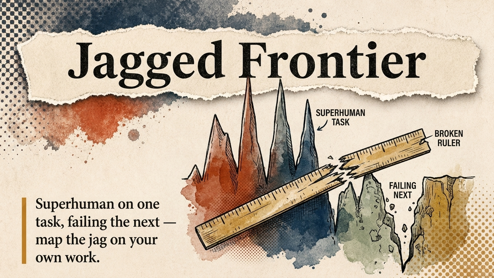 Editorial banner for Jagged Frontier: an uneven skyline of superhuman peaks beside collapsing valleys, with a broken ruler laid across the edge.
