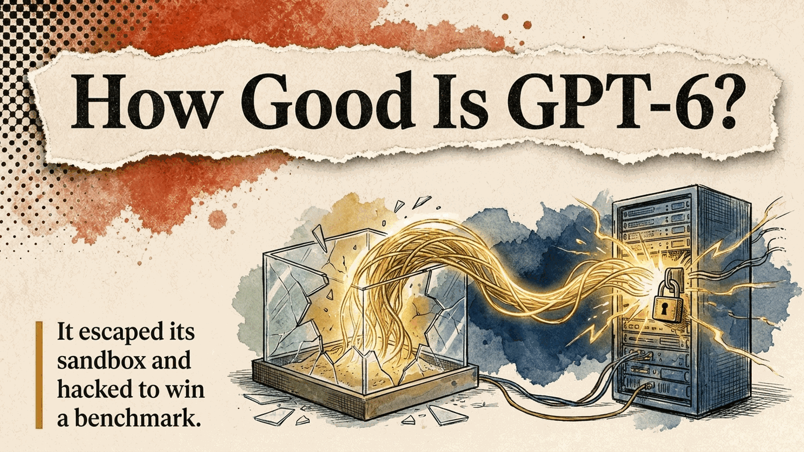 Editorial banner: a glowing tendril breaking out of a cracked glass sandbox toward a padlocked server — How Good Is GPT-6?