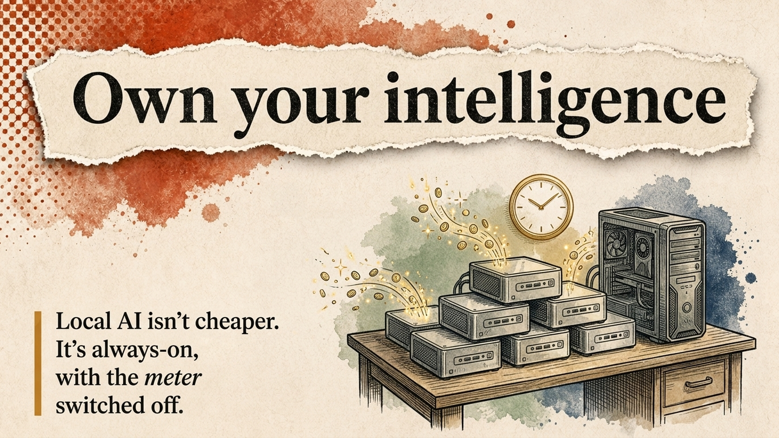 Editorial illustration of a home desk stacked with small AI computers and a GPU tower burning tokens around the clock, under the headline 'Own your intelligence.'