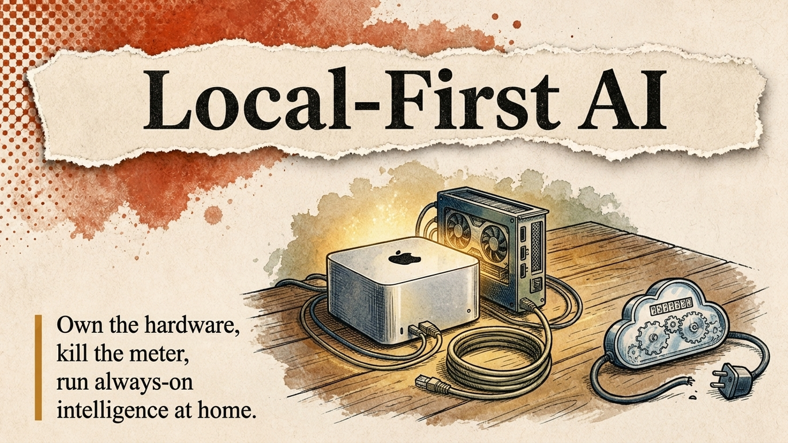 Editorial banner: a silver Mac Studio cube and a small GPU tower wired together on a wooden desk, glowing warm gold, beside an unplugged cloud-shaped meter, under the headline 'Local-First AI.'