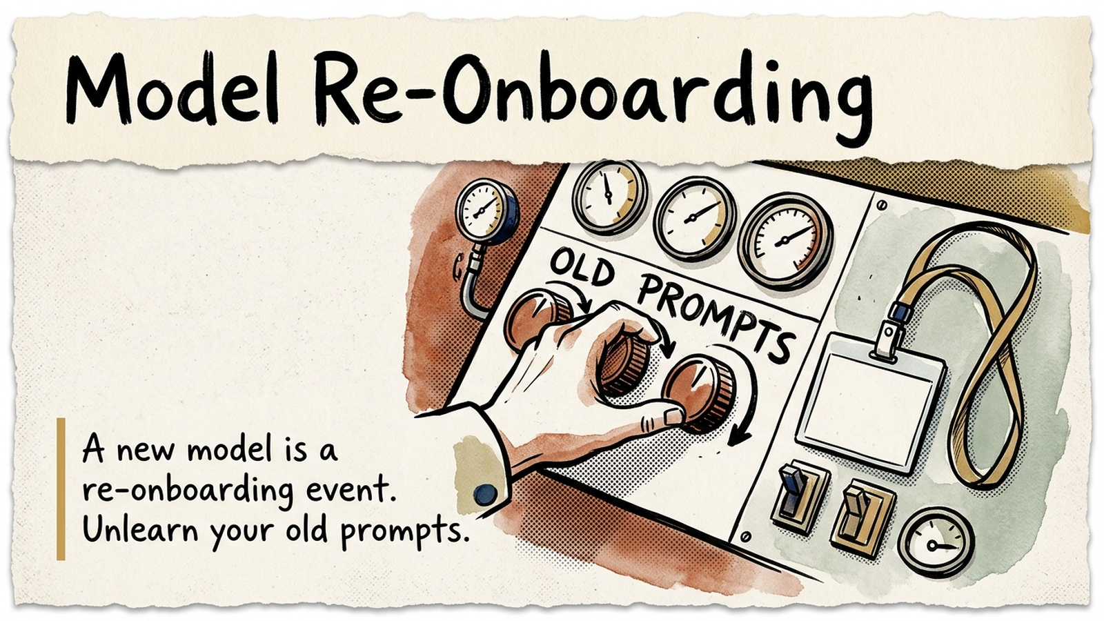 Editorial banner for Model Re-Onboarding: a control panel with dials turned down beside a fresh employee ID badge.