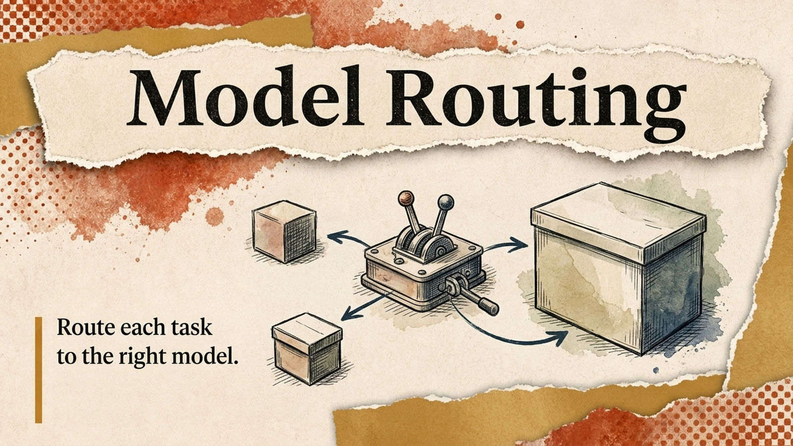 Editorial banner for Model Routing: incoming tasks routed through a switch to a small fast model and a large powerful model.