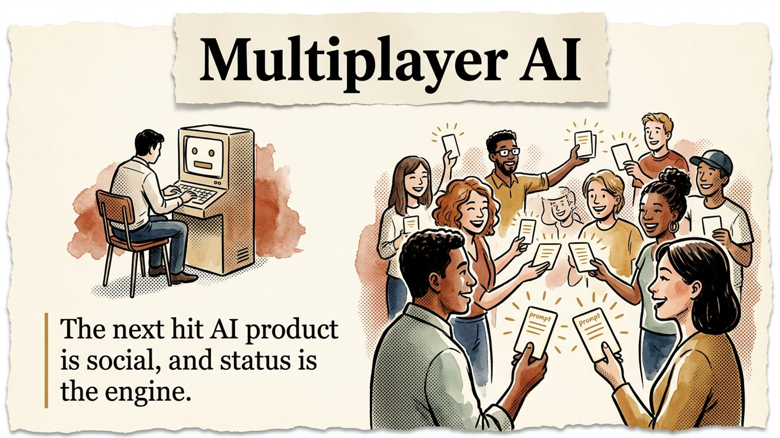 Editorial banner: a lone figure at a single chatbot terminal beside a lively connected community of people sharing glowing prompt cards.
