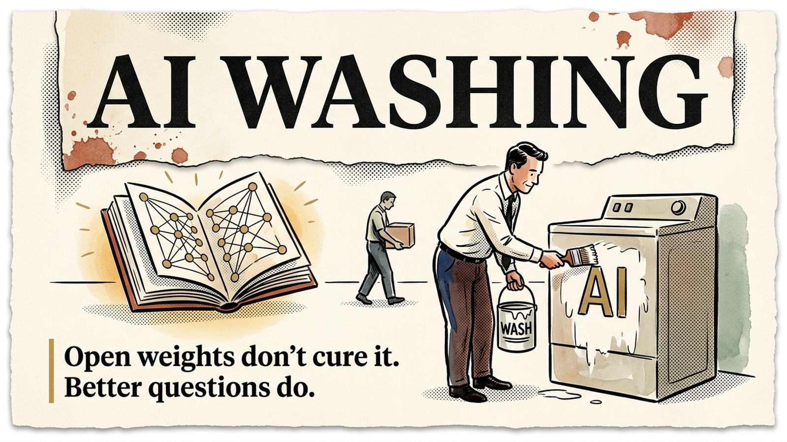 Editorial banner: a manager whitewashes an 'AI' label onto an ordinary washing machine while an open-weights book glows unused nearby — headline 'AI Washing.'