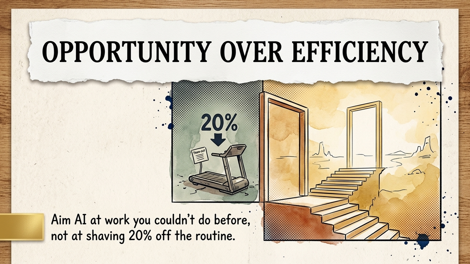 Editorial banner: 'Opportunity over efficiency' — a treadmill labelled 20% beside an open doorway onto new terrain.