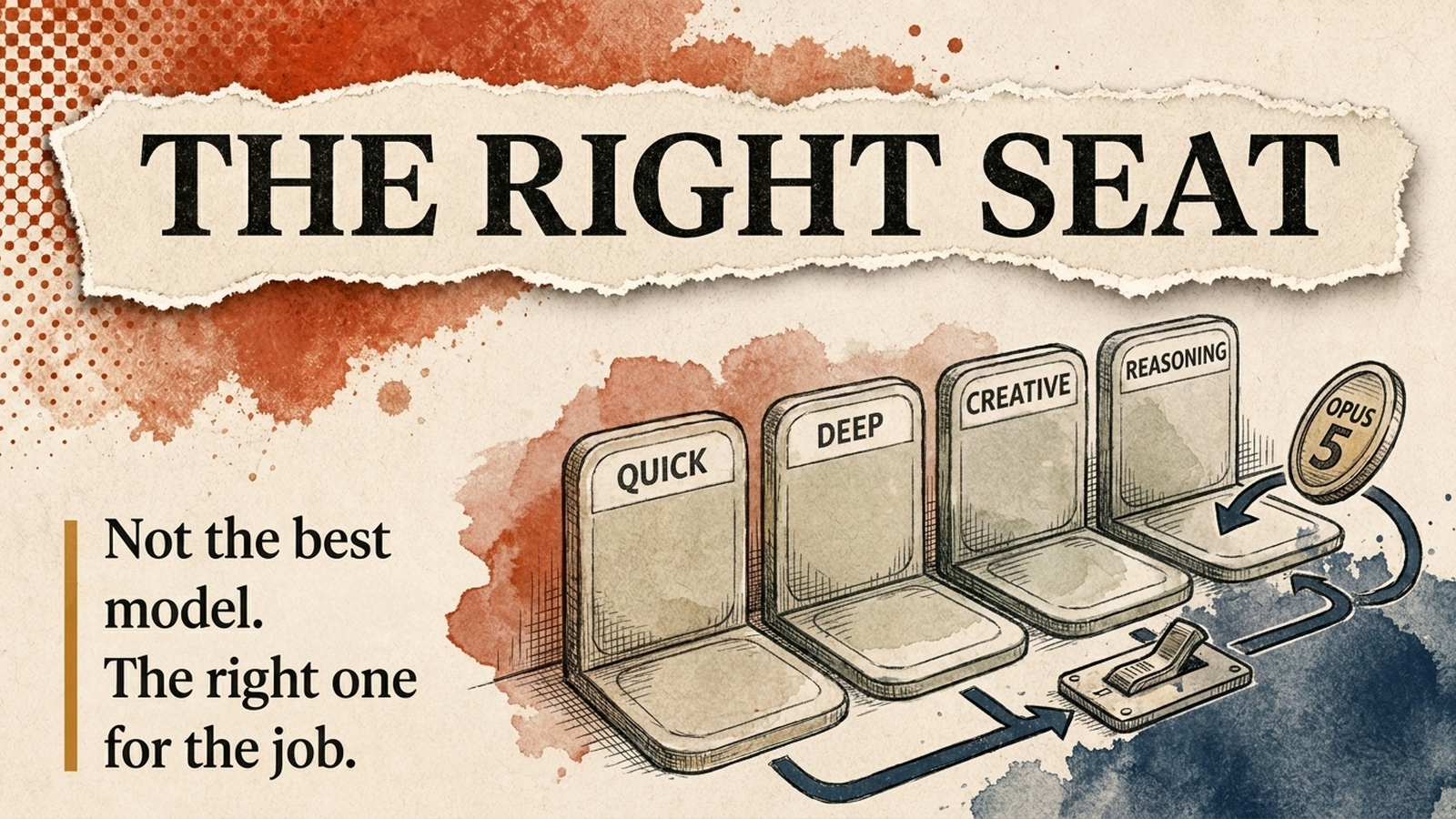 Editorial banner titled The Right Seat: labeled model seats (quick, deep, creative, reasoning) with an Opus 5 token routed by a switch into the right seat.