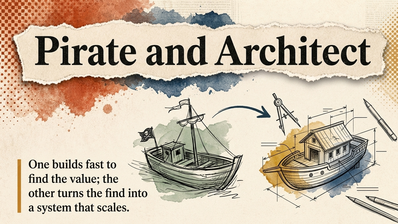 Editorial banner for Pirate and Architect: a rough hand-sketched pirate boat on the left becoming a precise architectural blueprint of the same boat on the right.
