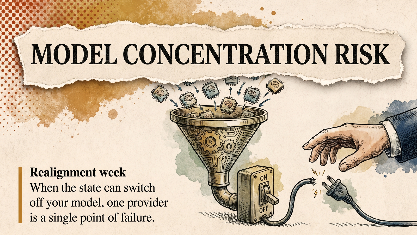Editorial torn-paper banner reading: Model concentration risk — when the state can switch off your model, one provider is a single point of failure.