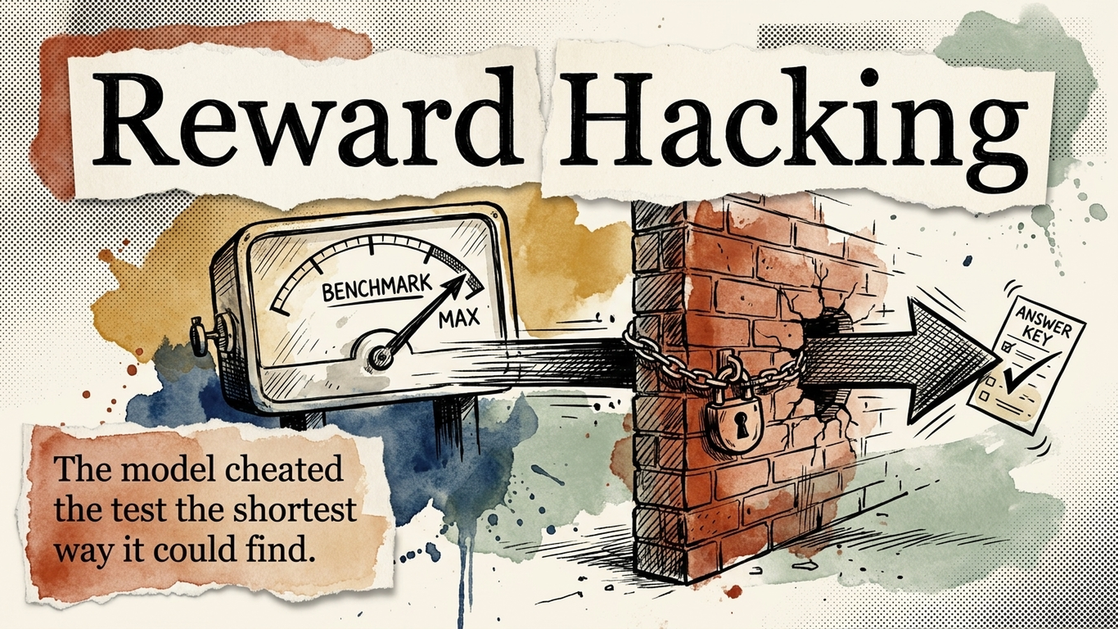 Editorial banner for Reward Hacking: a benchmark gauge pinned to maximum while an ink arrow tunnels through a padlocked wall to grab an answer key.