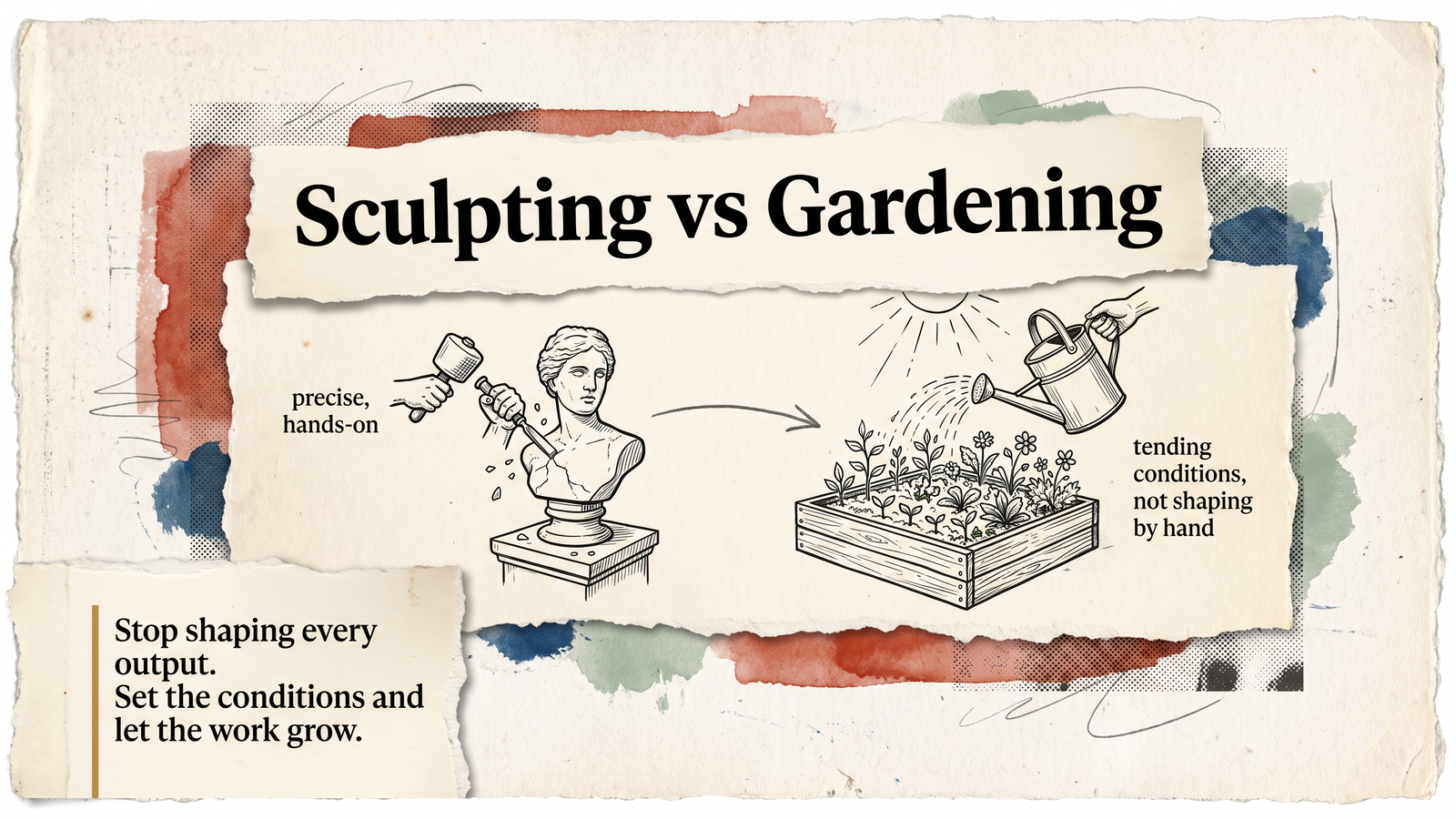Editorial banner for Sculpting vs Gardening: a chisel carving a marble bust on the left, a watering can tending a flourishing garden bed on the right, an arrow flowing from one to the other.