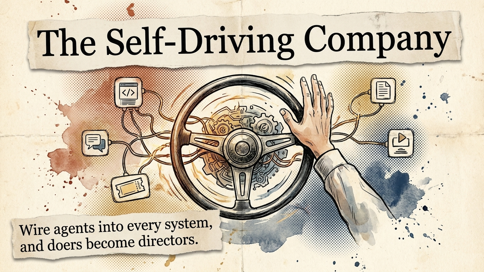 Editorial banner for Self-Driving Company: a car steering wheel wired into a web of connected system nodes, a hand lifting calmly away.