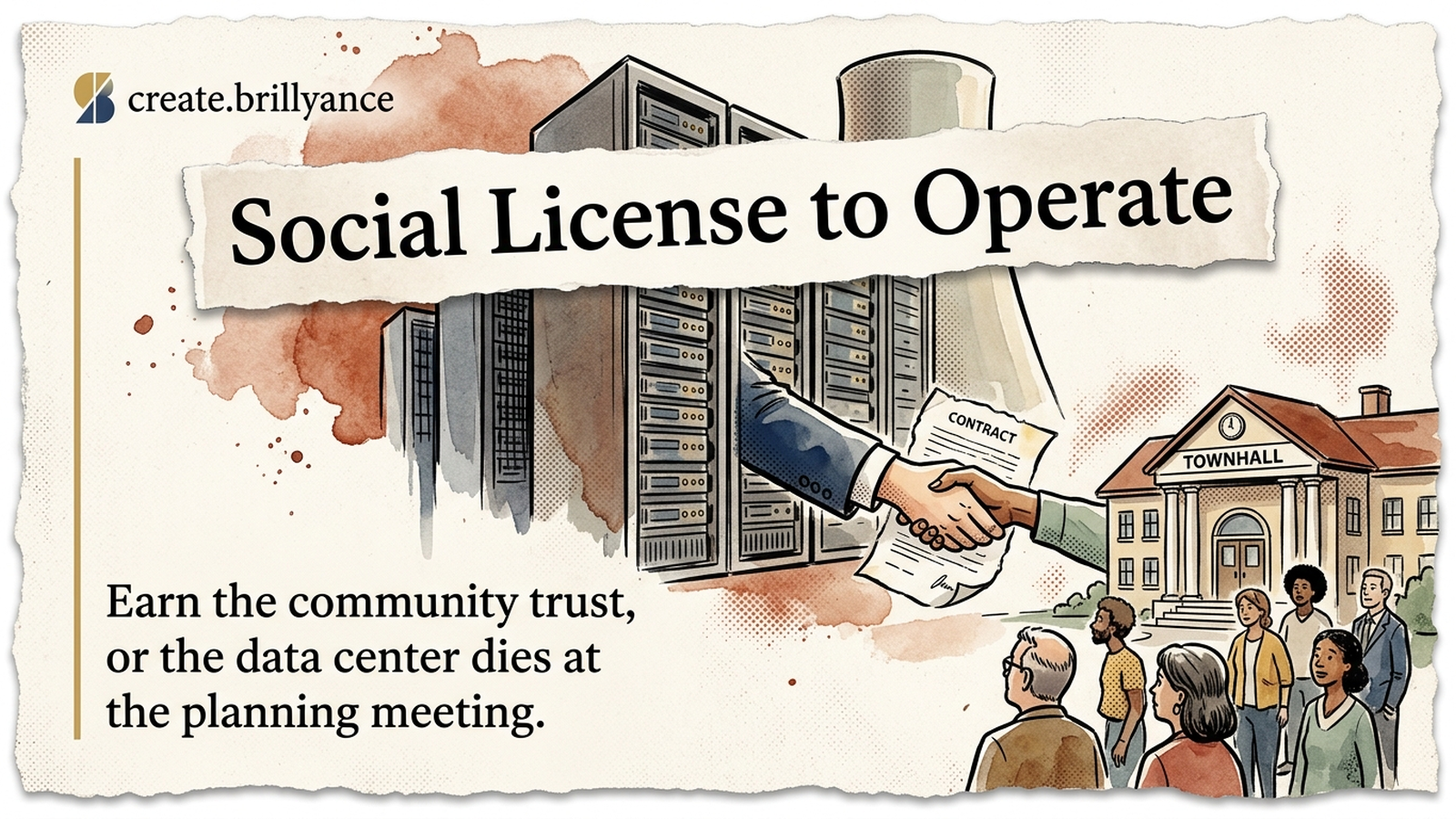 Editorial banner: a data center and a townhall of residents meet over a torn contract and a handshake, under the words Social License to Operate.