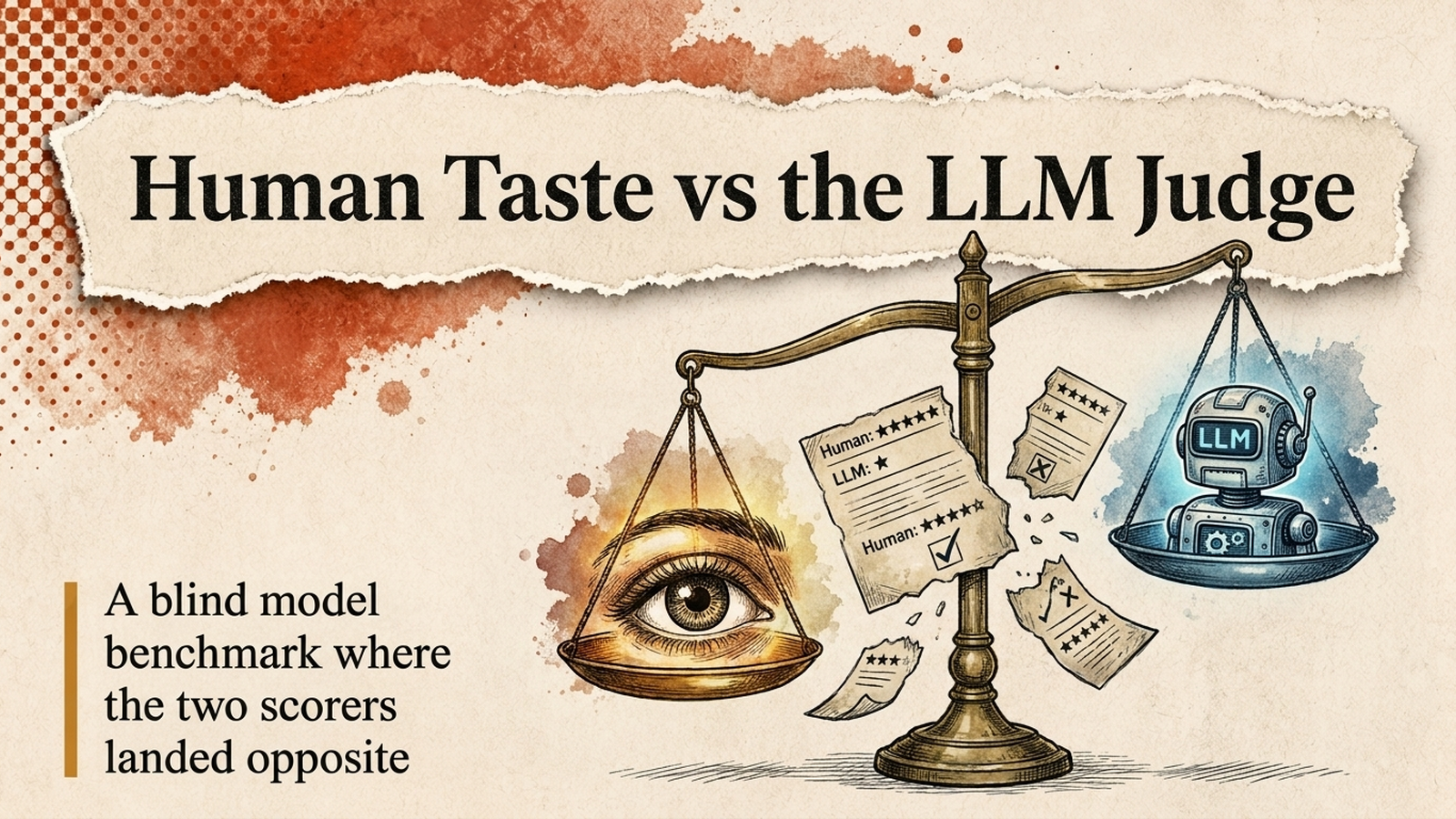 Editorial torn-paper banner: a balance scale tipping between a human eye and an LLM robot head, with leaderboard cards between them, titled Human Taste vs the LLM Judge.