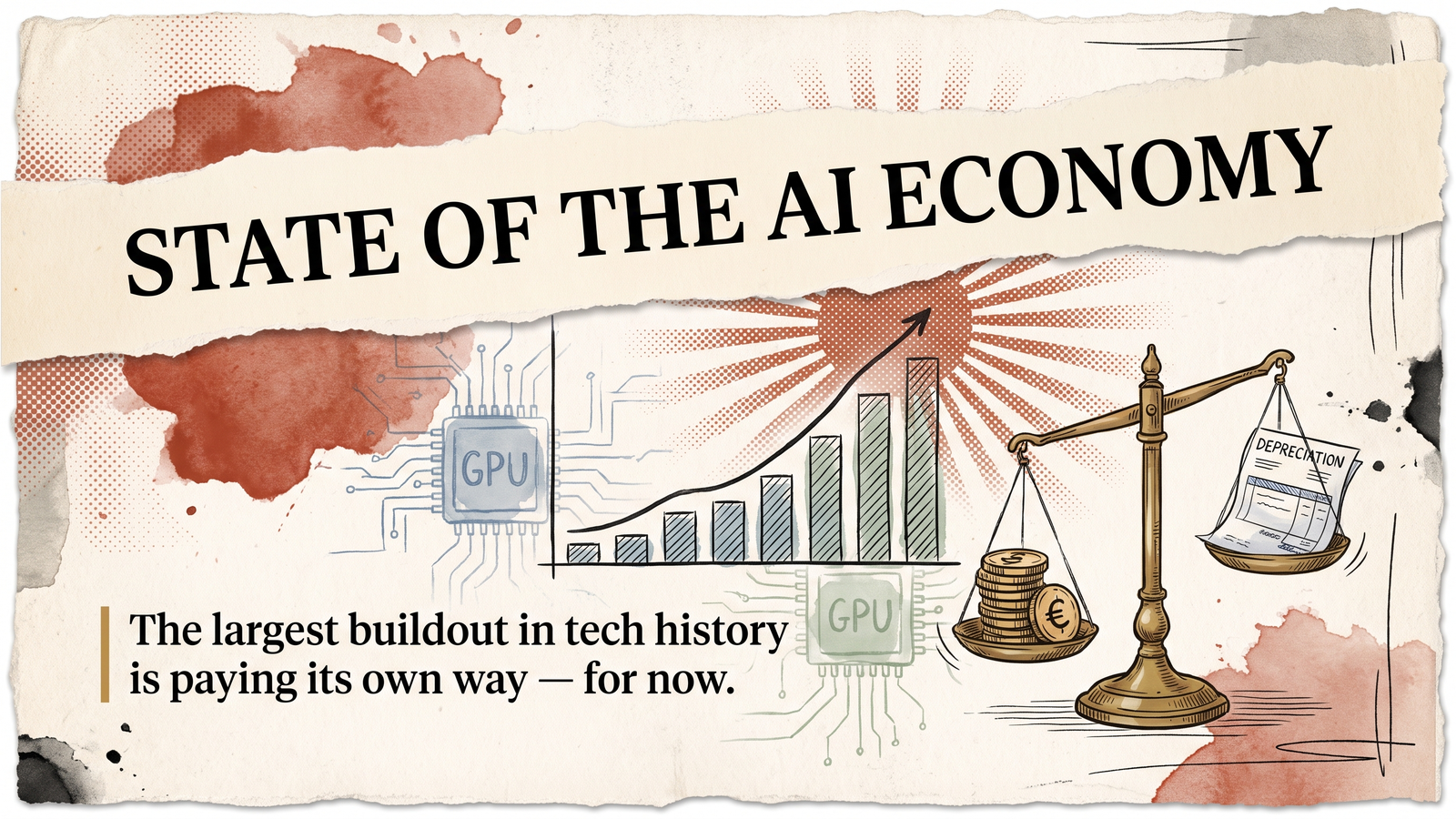 Editorial banner for State of the AI Economy: a rising chart over circuit motifs and a brass balance scale weighing revenue coins against a depreciation invoice.