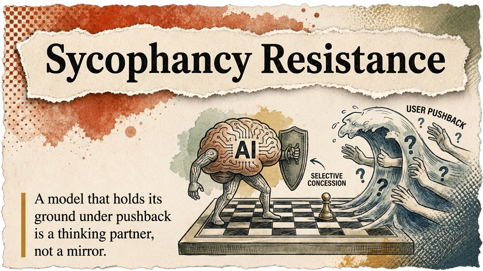 Editorial banner for Sycophancy Resistance: an AI brain holding a shield against a wave of user pushback, conceding one point on a chessboard.