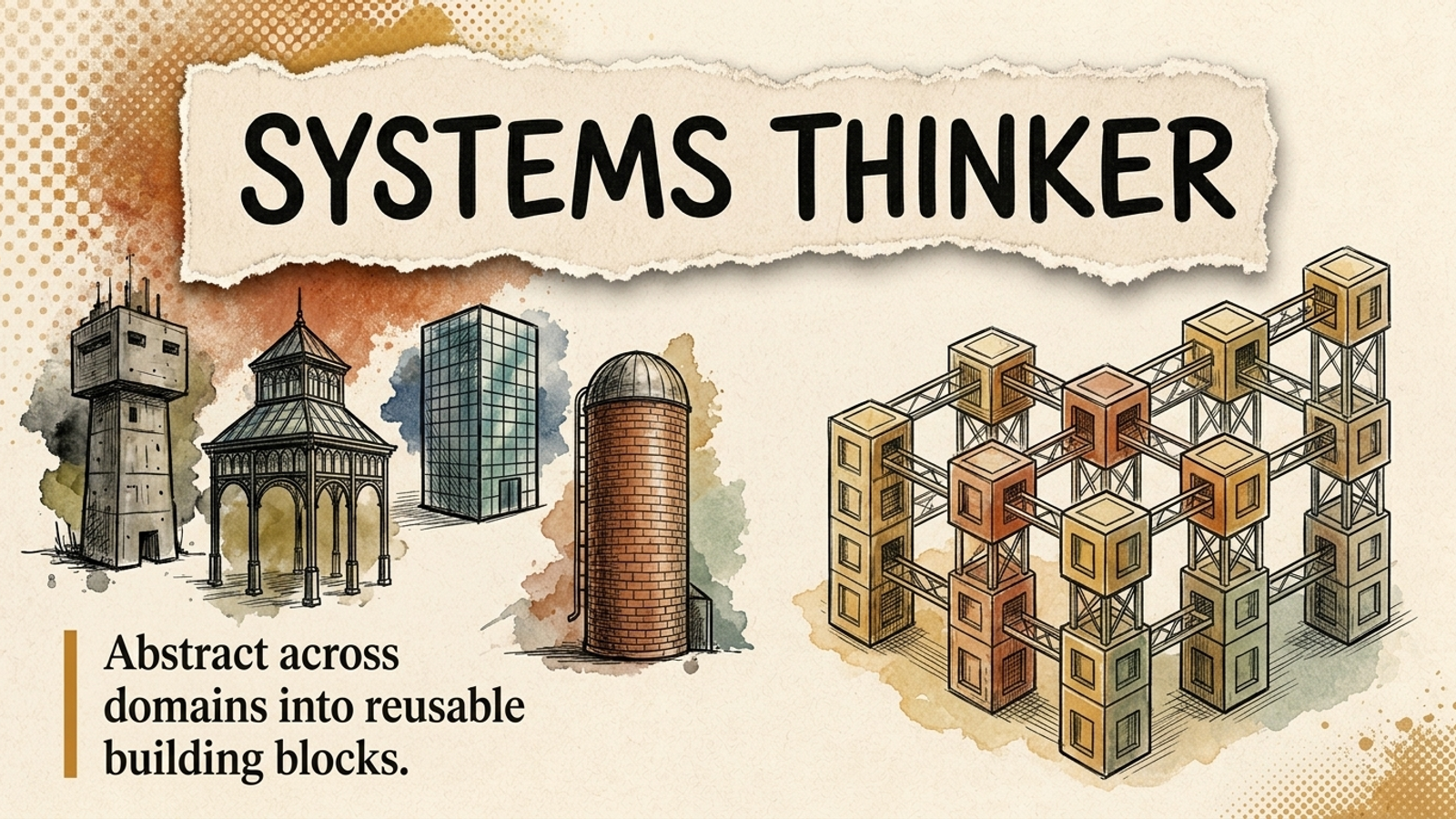 Editorial banner for Systems Thinker: separate domain silos on the left resolving into a single connected set of shared building blocks on the right.
