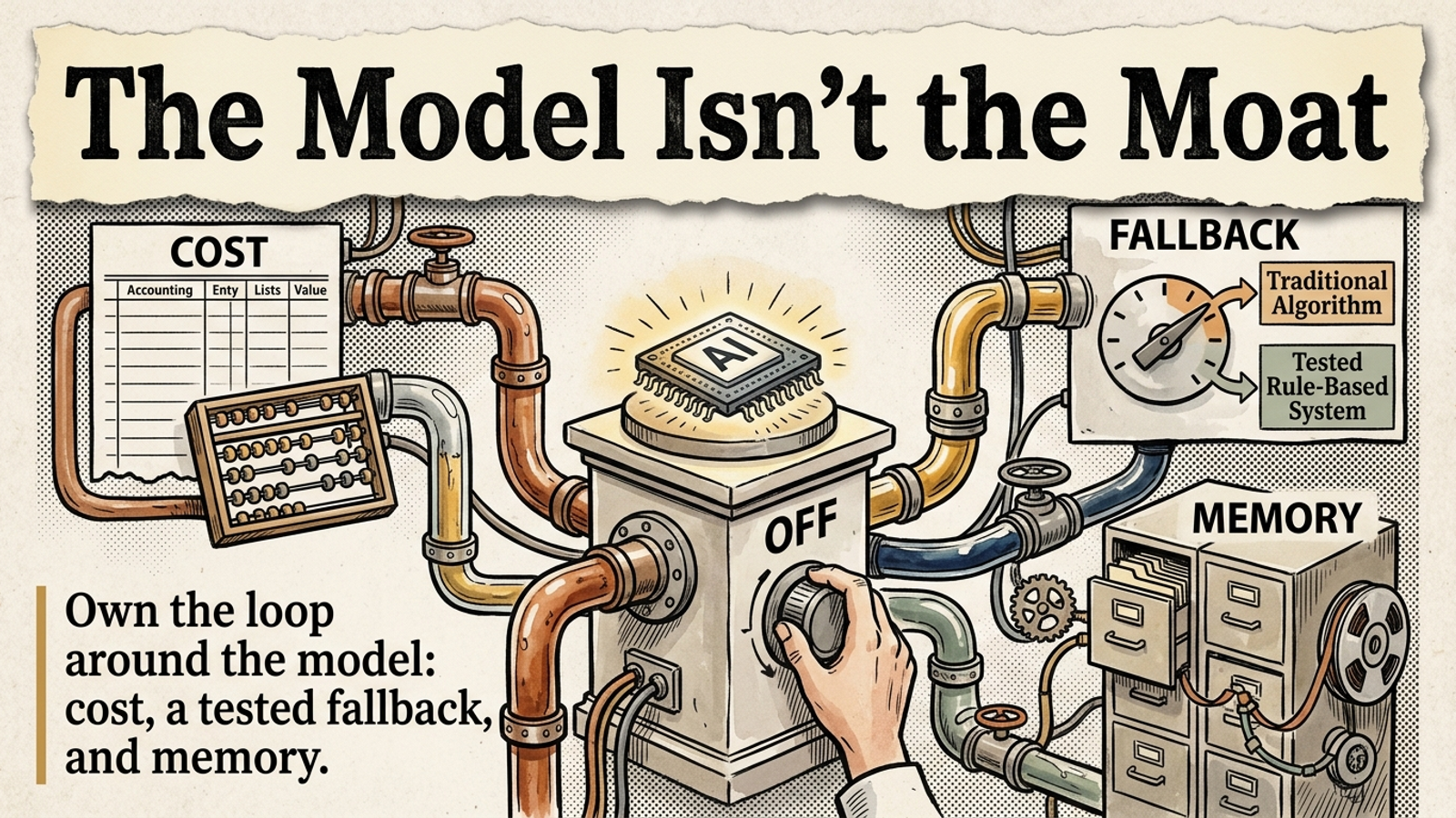 Editorial banner: a glowing AI chip being switched off while cost, fallback, and memory systems keep running around it, under the headline The Model Isn't the Moat.